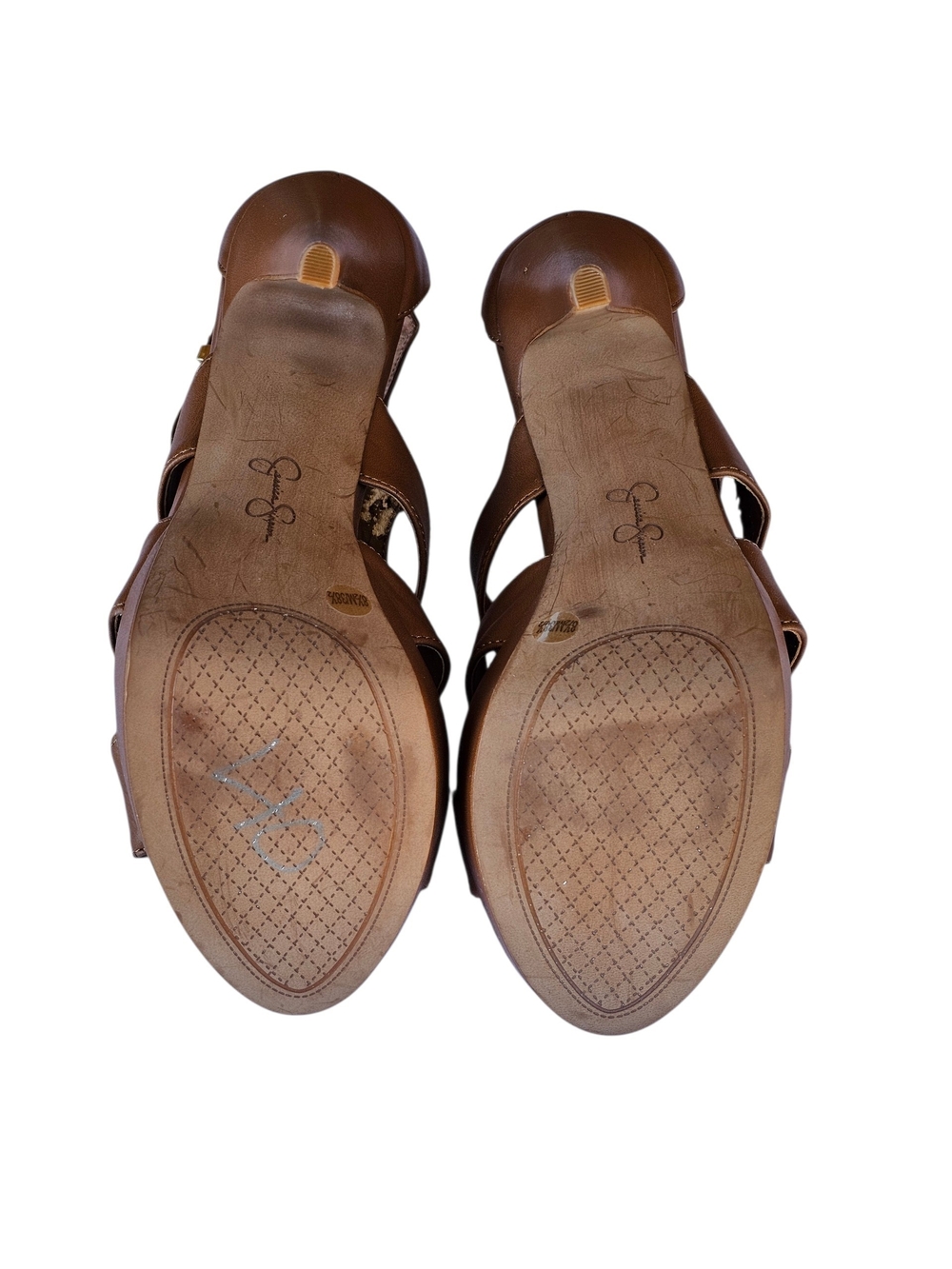 Jessica Simpson Tan Leather Zip Front High Heel Sandals - Picture 5 of 8